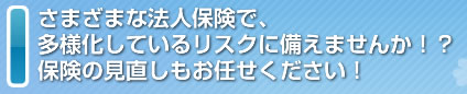 さまざまな法人保険で、
多様化しているリスクに備えませんか!?
しかも、節税対策も可能です!!