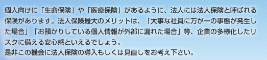 個人向けに「「生命保険」や「医療保険」があるように、法人には法人保険と呼 ばれる保険があります。法人税の節税を目的として導入される企業もあります が、やはり法人税の最大のメリットは、「大事な社員に万が一の事態が発生し た場合」等、多様化したリスクに対する安心感といえるでしょう。 是非この機会に法人保険の導入もしくは見直しをお考えください。