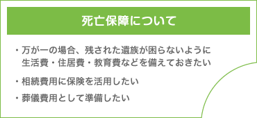 死亡保障ついて 万が一の場合、残された遺族が困らないように生活費・住居費・教育費などを備えておきたい 相続費用に保険を活用したい 葬儀費用として準備したい