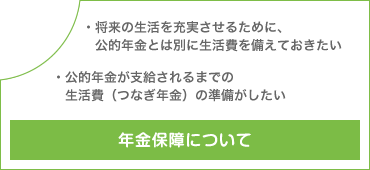 年金保障について 将来の生活を充実させるために、公的年金とは別に生活費を備えておきたい 公的年金が支給されるまでの生活費（つなぎ年金）の準備がしたい